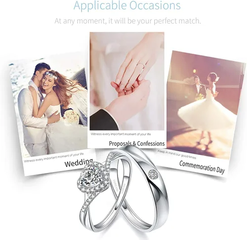 Vista 6 de Sunamy Endless Love - Juego de anillos de pareja a juego para él y ella, diseño de corazón romántico de plata S925, anillo de compromiso