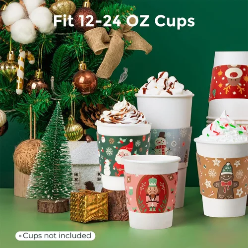 Vista 4 de FMP Brands Paquete de 50 fundas de papel de Navidad para tazas de café, fundas desechables de café navideñas para tazas de café desechables de 12