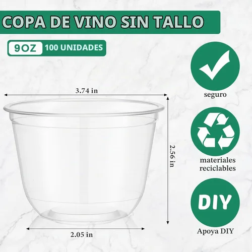 Vista 2 de Ziliny 100 copas de vino de plástico sin tallo, desechables, copas de vino de plástico para fiestas, bodas, cumpleaños, cócteles
