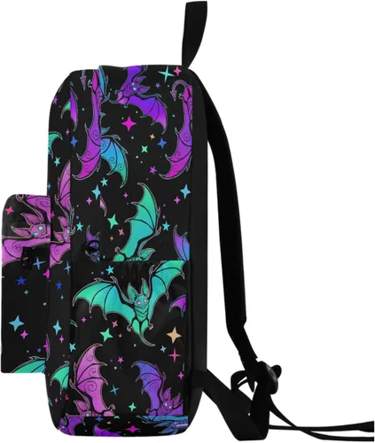 Vista 6 de MNSRUU Mochila para estudiantes para la escuela, Halloween, mochila luminosa de murciélagos para laptop, mochila estética para niñas, niños, mochila