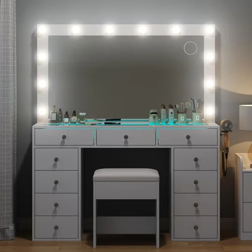 Vista 7 de Escritorio de tocador con espejo y luces, mesa de tocador de 11 cajones, tocador de maquillaje con estación de carga y taburete de tocador