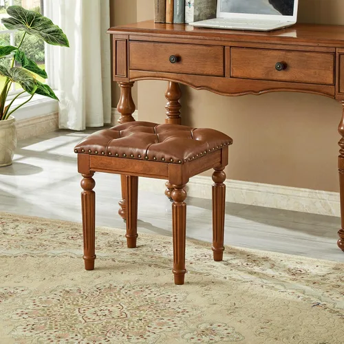 Vista 8 de Taburete de tocador con cojín de cuero de microfibra, silla de tocador otomana con patas de madera maciza para dormitorio, sala de maquillaje