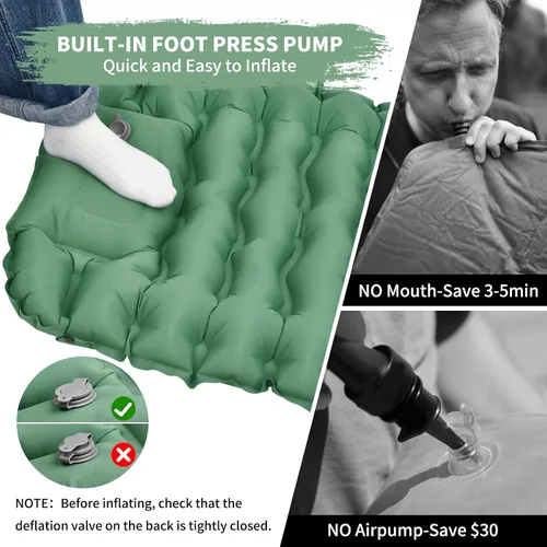 Vista 5 de Colchoneta de dormir para campamento, diseño conectable para doble colchoneta, colchoneta inflable ultraligera con almohada, bomba de pie