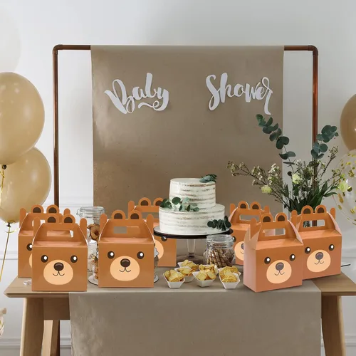 Vista 5 de 12 cajas de golosinas de oso para fiestas, suministros de oso para baby shower, cajas de regalo para niños y niñas, tema de oso marrón, decoración