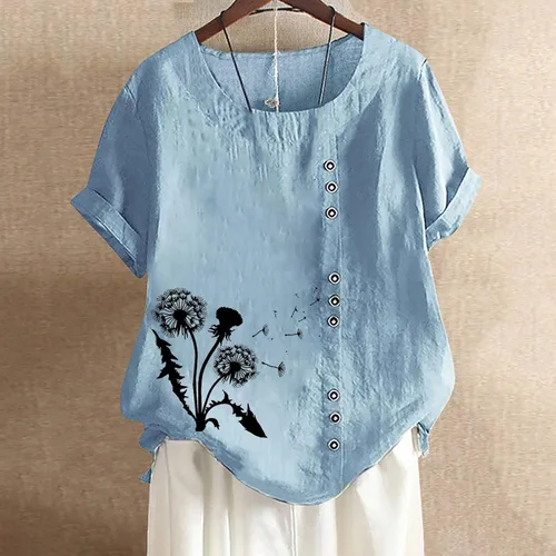 Vista 2 de Camiseta de algodón y lino para mujer, estilo casual, holgada, a la moda, con estampado floral, de manga corta, blusas con botones