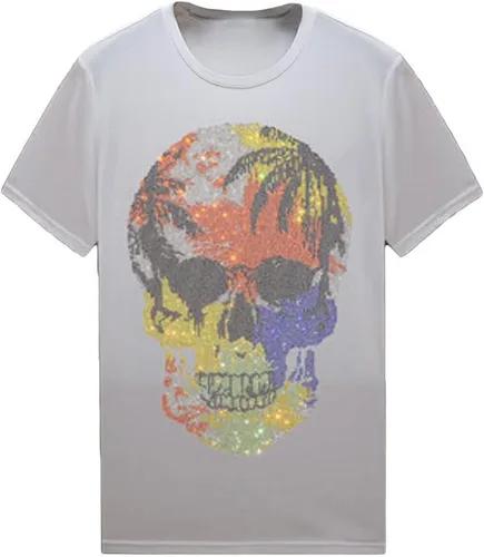 Vista 18 de HZCX FASHION Camiseta con strass brillante para Hombres y Mujeres, manga corta, con pedrería, para festivales de rock, con gemas, de algodón