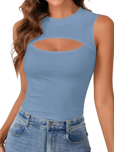 Vista 9 de Vrtige Camiseta sin mangas sexy con cuello redondo para mujer, de punto acanalado, sin mangas, ajustada