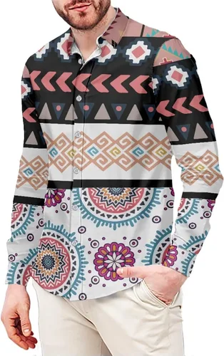 Vista 9 de Camisas aztecas grandes y altas para hombre, diseño étnico azteca tribal del suroeste, camiseta delgada de manga larga con botones