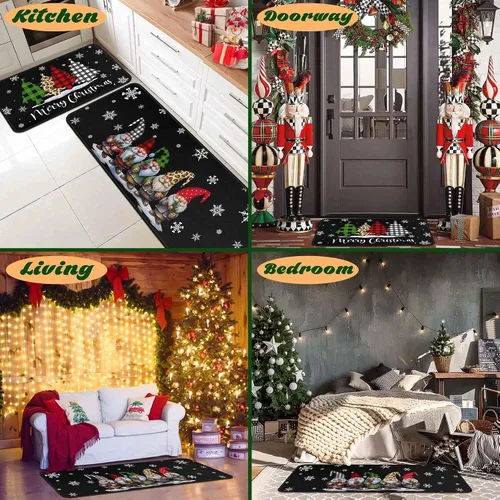 Vista 5 de Alfombras de cocina de cuadros de búfalo con gnomos de árbol negros, juego de 2, Merry Christmas, decoración de piso de perfil bajo para fiestas