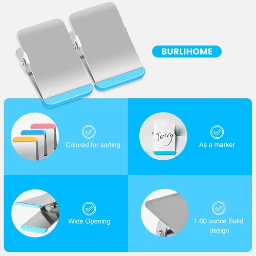 Vista 4 de BURLIHOME Clips de acero inoxidable con silicona de colores, paquete de 6 clips resistentes Strong Spring for Dog Food/Chip Bag,Colored Edges