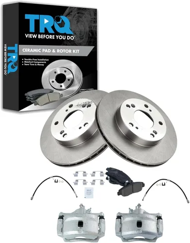 Vista 10 de TRQ Juego de pastillas de freno delanteras y rotores de cerámica, pinzas, mangueras, compatibles con Honda Odyssey 2005-2010