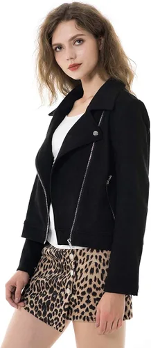 Vista 2 de Apperloth A Womens Solid Long Sleeve Faux Suede Motorcycle Jackets Zipper Short Coats