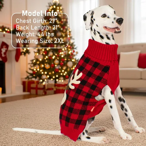 Vista 7 de KYEESE - Suéter de Navidad para perros con diseño de renos para perros pequeños, ropa a cuadros de búfalo rojo con agujero para la correa para días