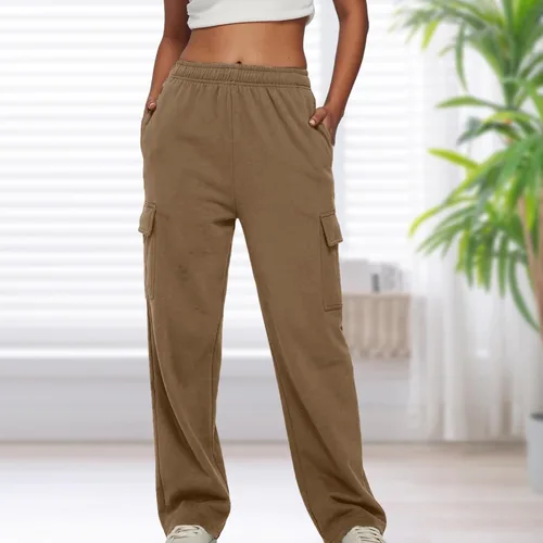 Vista 2 de BBIQI Pantalones deportivos tipo cargo para mujer, pierna ancha, holgados, pierna recta, cintura alta, pantalones deportivos casuales con bolsillos
