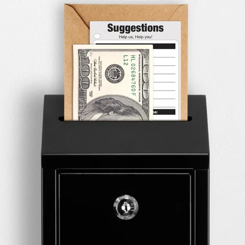 Vista 6 de EIENHOSHI Caja de donación de metal con cerradura, montaje en pared, caja de sugerencias con 4 llaves de hierro, color negro, caja de dinero
