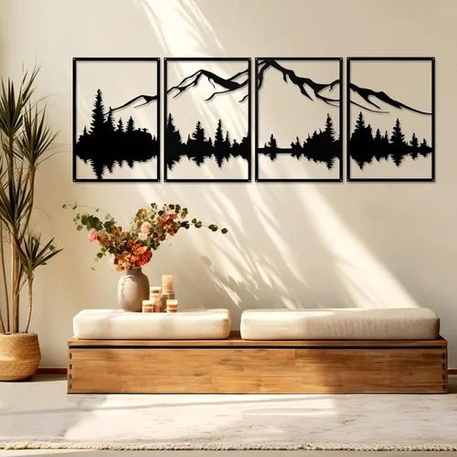 Vista 2 de YIYA 4 piezas de arte de pared de metal de montaña, decoración de pared de metal negro decorativo de bosque grande, esculturas de pared verticales