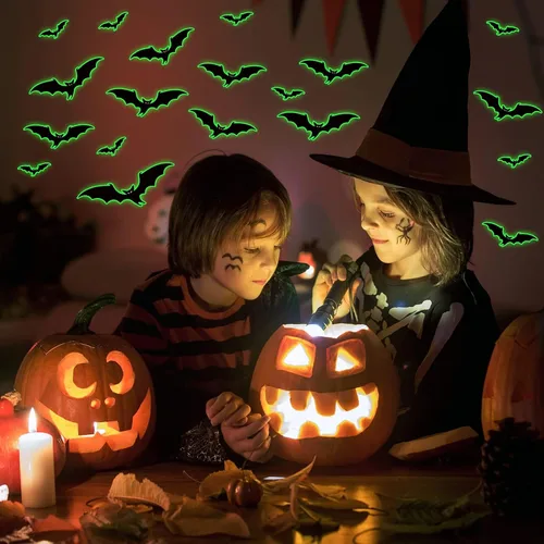 Vista 2 de 3 hojas de calcomanías luminosas de murciélago de Halloween que brillan en la oscuridad, calcomanías luminosas de murciélagos de Halloween