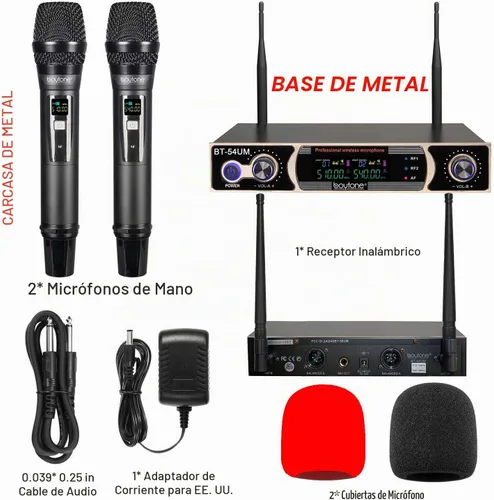 Vista 4 de Boytone Sistema de micrófono inalámbrico UHF dinámico fijo dual, micrófono y base de metal, hasta 260 pies (BT-54UM)