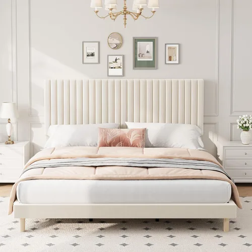Vista 15 de IDEALHOUSE Base de cama individual con cabecera ajustable, plataforma tapizada de terciopelo, marco de cama tamaño individual, canal vertical Beige