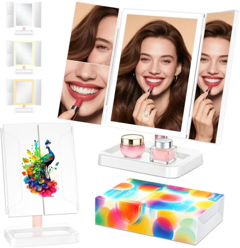 Vista 7 de BERTHALESS Espejo de maquillaje recargable con luces, 14.4 pulgadas de largo x 9.1 pulgadas de ancho, espejo de tocador iluminado para mesa, aumento