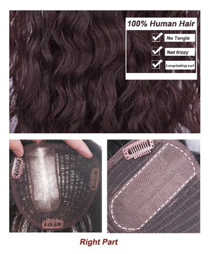 Vista 6 de Tope de cabello humano rizado natural para mujer, extensiones de pelo con clip, 5.1 x 5.5 in, parte superior de cabello sedoso, parte superior