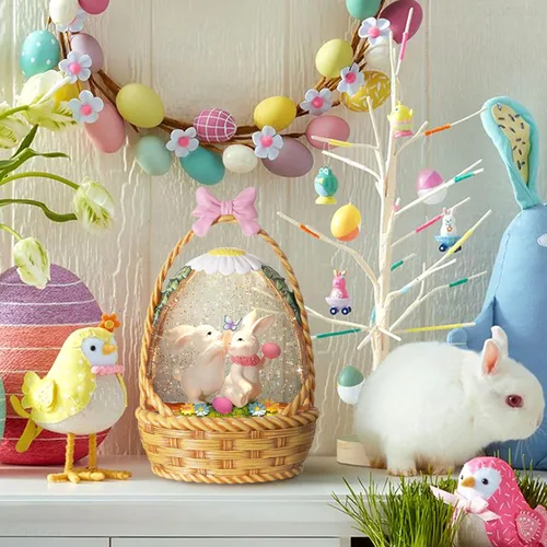 Vista 6 de Linterna de globo de nieve de Pascua, decoraciones de Pascua para el hogar con temporizador giratorio con purpurina, decoración de Pascua iluminada