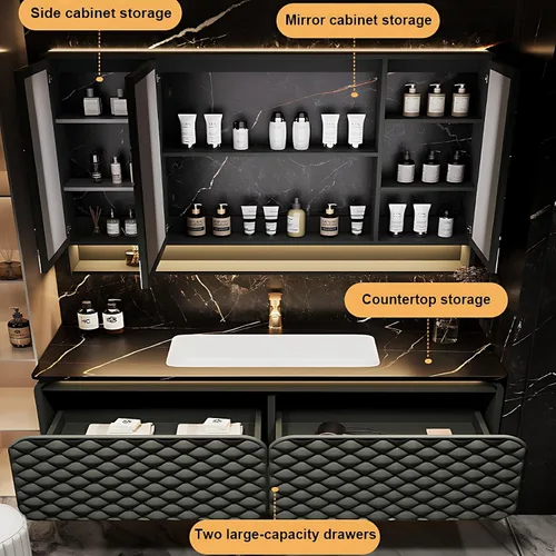 Vista 2 de Tocador de baño con fregadero, elegante tocador de baño flotante con espejo inteligente de desempañamiento, gabinete de fregadero de madera maciza