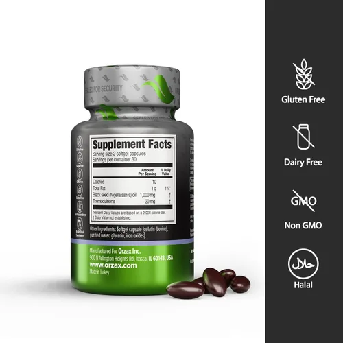 Vista 2 de ORZAX Aceite de Semilla Negra Prensado en Frío 100% Puro Sin OMG - Rico en Omega 3 6 9 y Timoquinona Aceite de Comino Negro Nigella Sativa