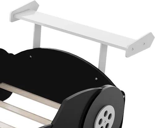 Vista 9 de Cama de plataforma en forma de auto de carreras de tamaño individual con ruedas, plataforma de madera con soporte de listones resistentes y rieles