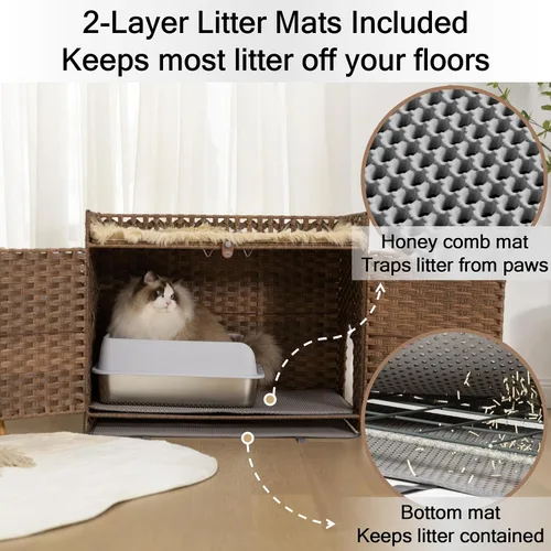 Vista 3 de Furriends Caja de arena para gatos con 2 alfombrillas, muebles ocultos de ratán tejido a mano, grande, 30.3 pulgadas de largo x 18.2 pulgadas