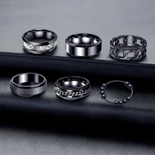 Vista 4 de Anillos para hombres y mujeres, 6 unidades, anillos de acero inoxidable negro para hombre, anillo para ansiedad, alivio de la ansiedad, anillos
