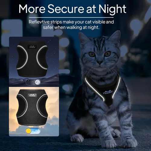 Vista 5 de TwoEar Arnés de gato a prueba de escape, suave chaleco ajustable para perro, de malla transpirable, chaqueta reflectante de fácil control para Negro