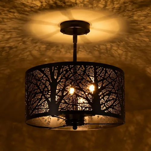 Vista 13 de Lámpara de techo semiempotrada, lámpara de techo rústica de metal de pergamino blanco con diseño de mariposa, candelabros negros industriales de 3