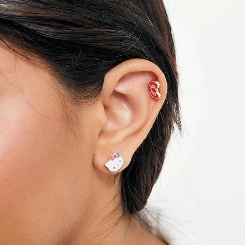 Vista 3 de Sanrio Hello Kitty - Aretes de tuerca para mujer, aretes Hello Kitty de plata de ley, con licencia oficial, Metal