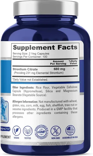 Vista 3 de NusaPure Citrato de estroncio - Apto para vegetarianos/veganos, sin OMG - 680 mg 200 cápsulas