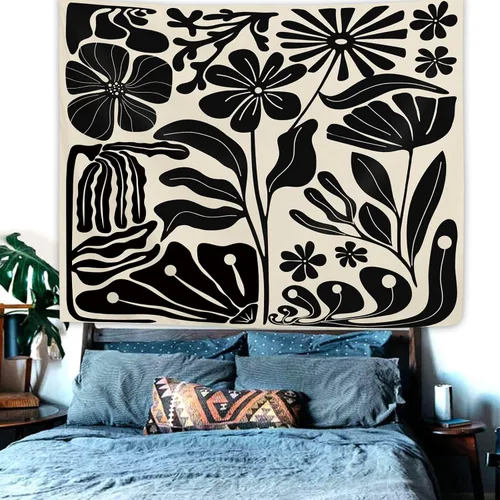 Vista 2 de Yookeb Tapiz negro de flores de Matisse de 59 pulgadas de ancho por 51 pulgadas de alto, para colgar en la pared, hojas abstractas, vintage, arte