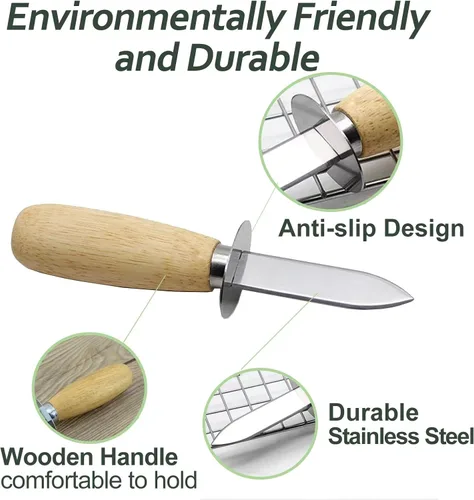 Vista 2 de 2Oyster - Cuchillo de acero inoxidable con mango de madera, con 2 pares de guantes resistentes a cortes de nivel 5, abridor de ostras para cocina