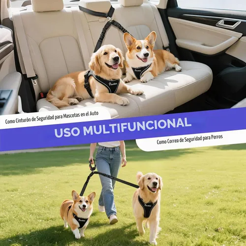Vista 4 de Cinturón de seguridad para perros Pawaboo para coche, cinturón de seguridad para mascotas con reposacabezas y doble correa, 360° sin enredos para 2