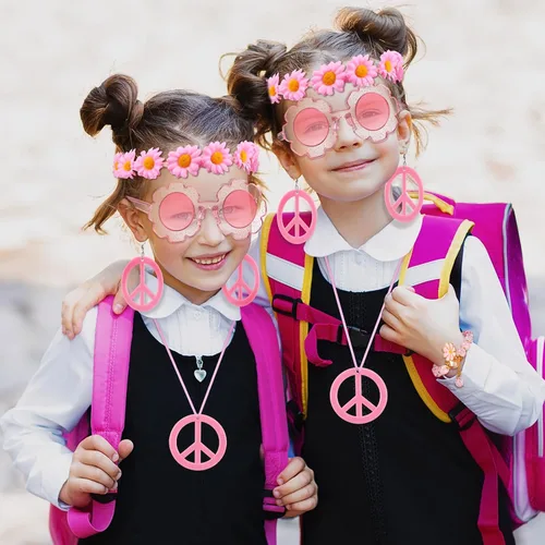 Vista 3 de Juego de 5 piezas de accesorios de disfraz hippie para niños, letrero de paz bohemio, margarita, flor de los años 60 y 70, decoración de fiesta
