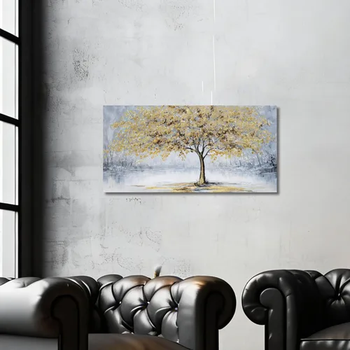Vista 2 de Belmrxne Arte de pared de árbol de la vida, decoración de pared pequeña dorada, paisaje, lienzo, obra de arte divertida para entrada, pasillo, baño