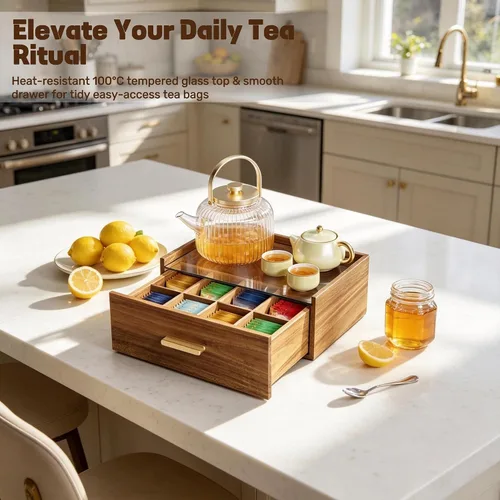 Vista 2 de Alsonerbay Acacia Wood Tea Bag Organizer, Tea Box with Drawer, Natural