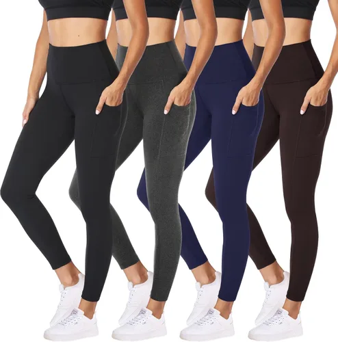 Vista 29 de NexiEpoch - Paquete de 4 leggings suaves para mujer, con bolsillos, control de abdomen y cintura alta, pantalones capri para yoga y ejercicio