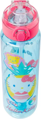 Vista 5 de Silver Buffalo Sanrio Hello Kitty Pool Party - Botella de agua de plástico azul con tapa de bloqueo, correa y rastreador de hidratación, 33 onzas