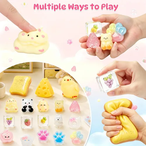 Vista 6 de Paquete de 33 juguetes esponjosos, coloridos juguetes esponjosos con bonita caja de juguetes para fiestas, mini animales esponjosos, alivio