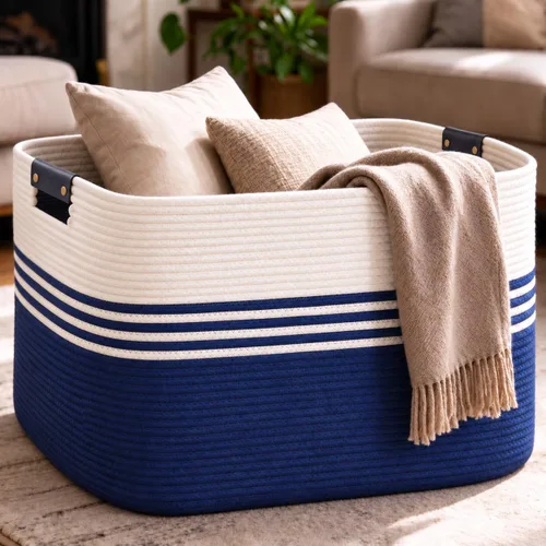 Vista 12 de DOFASAYI Cesta de Ropa Sucia - Cesta de Lavandería Grande de 85L con Asas de Cuero, Cesta de Almacenamiento Decorativa para Mantas - Cesta de Ropa