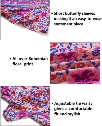 Vista 9 de ZESICA - Vestido corto y cruzado para mujer, diseño de verano con cuello en V, estampado floral bohemio, acampanado, con volantes, para playa