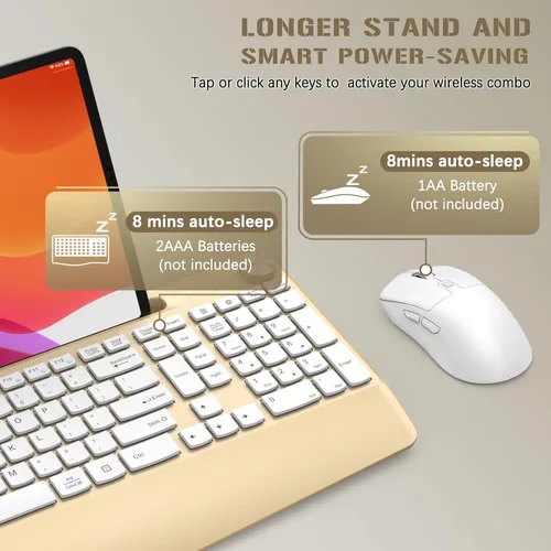 Vista 4 de GAMCATZ Teclado y mouse inalámbricos ergonómicos con reposa muñecas, soporte para teléfono - 2.4GHz, teclado y mouse inalámbricos de perfil bajo