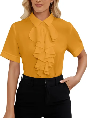 Vista 28 de Vrtige Women's Ruffle Front Collar Neck Button Down Short Sleeve Blouse Shirt Top