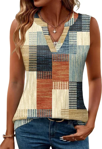 Vista 22 de Romanstii Camisas sin mangas para mujer, estilo casual, de verano, cuello en V, blusas elegantes, túnica