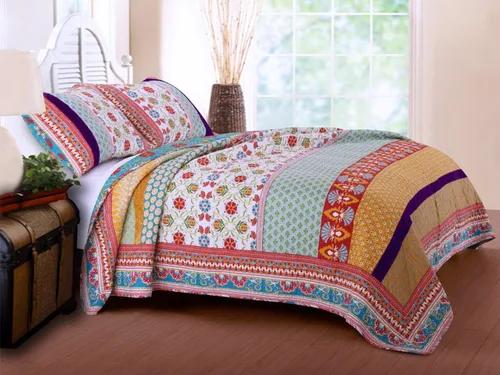 Vista 2 de Edredón conjunto 100% algodón - 3 piezas con reversible estilo bohemio retro impreso con patrones de flores, mandala, medallón geométrico azul rojo